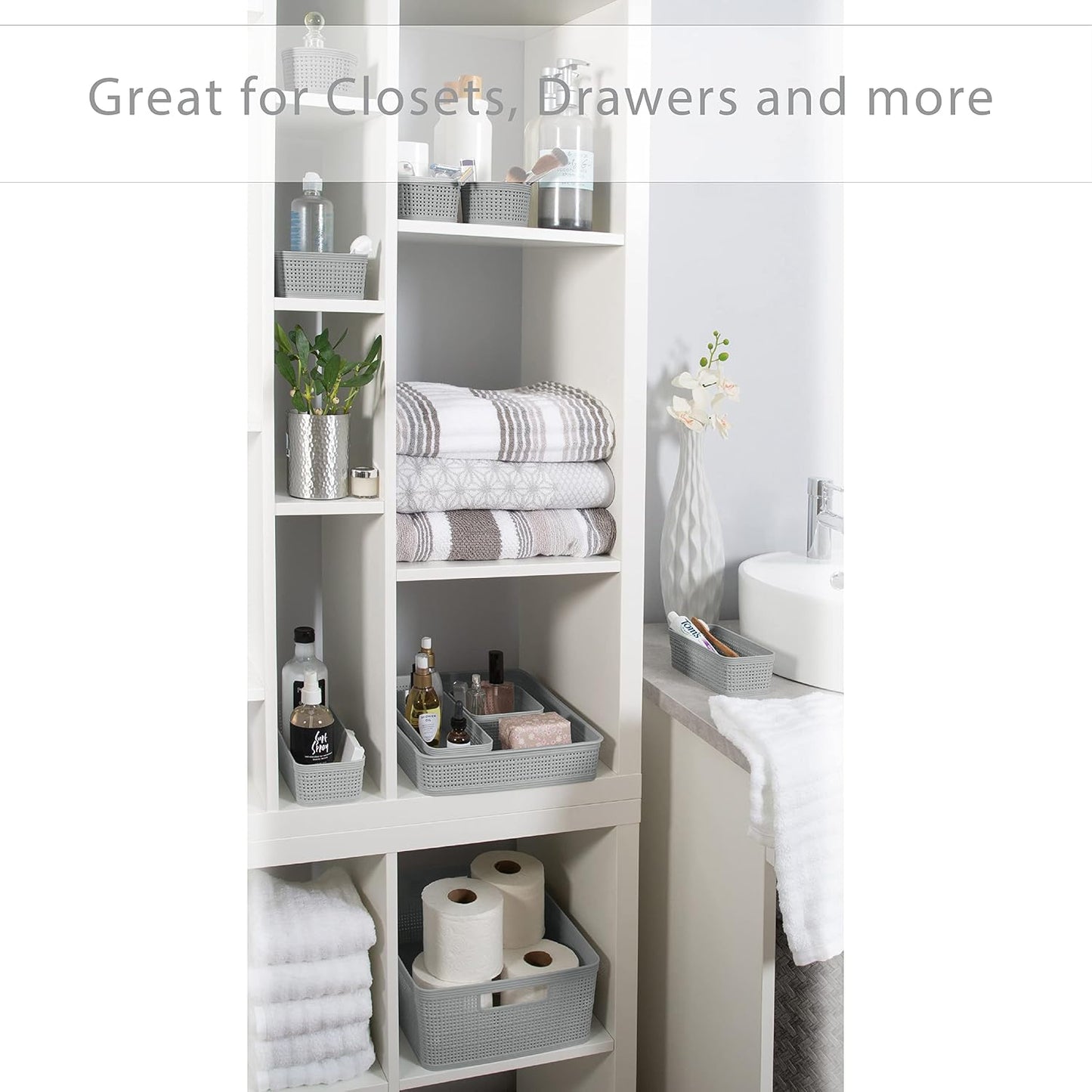 Simplify 10 Piece Organizing Set | Multiple Size Bins | Multipurpose | Office | Desk | Dorm | Bathroom | Storage Basket | Small Items | Accessories | Grey