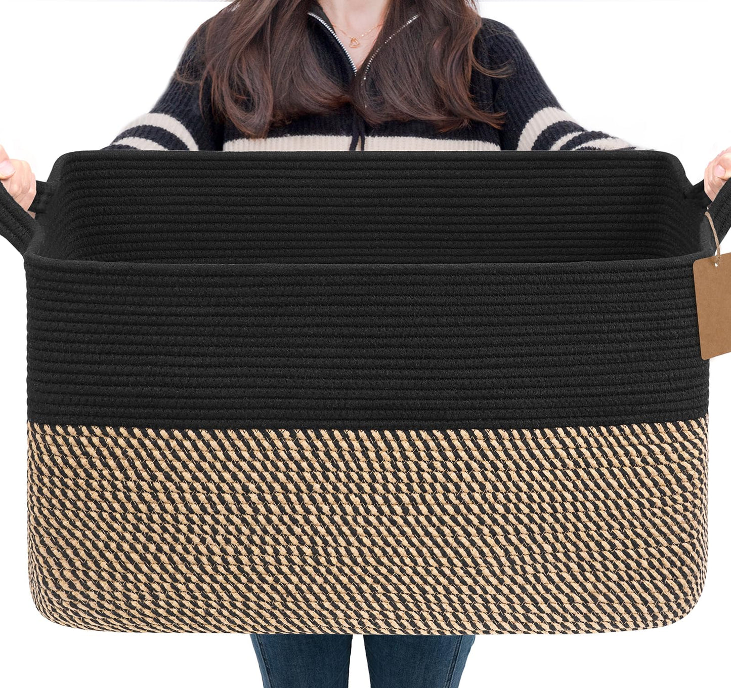 Goodpick Woven Rope Storage Basket for Shelves, Rectangle, Light Brown