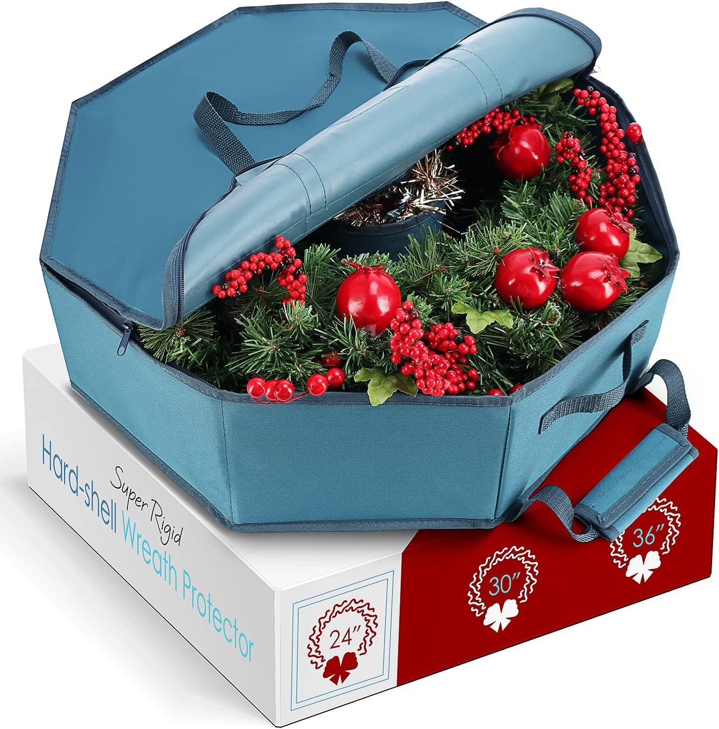Wreath Storage Container - Hard Shell Christmas Wreath Storage Bag with Interior Pockets, Dual Zipper and Handles - 24" Premium Wreath Storage Organizer Box by Hearth & Harbor