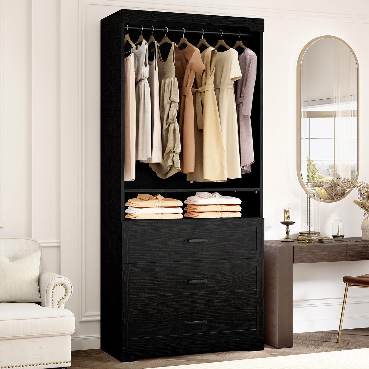 IRONCK Freestanding Closet System with Adjustable Shelves & 3 Drawers
