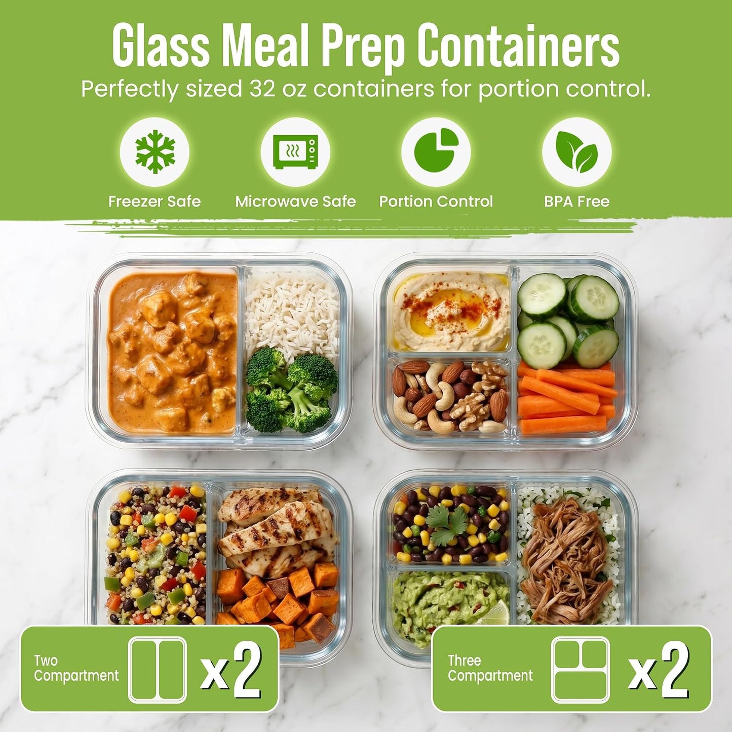 Glass Meal Prep Containers 2 and 3 Compartments, Leak-Proof, 32 oz, 4 Pack