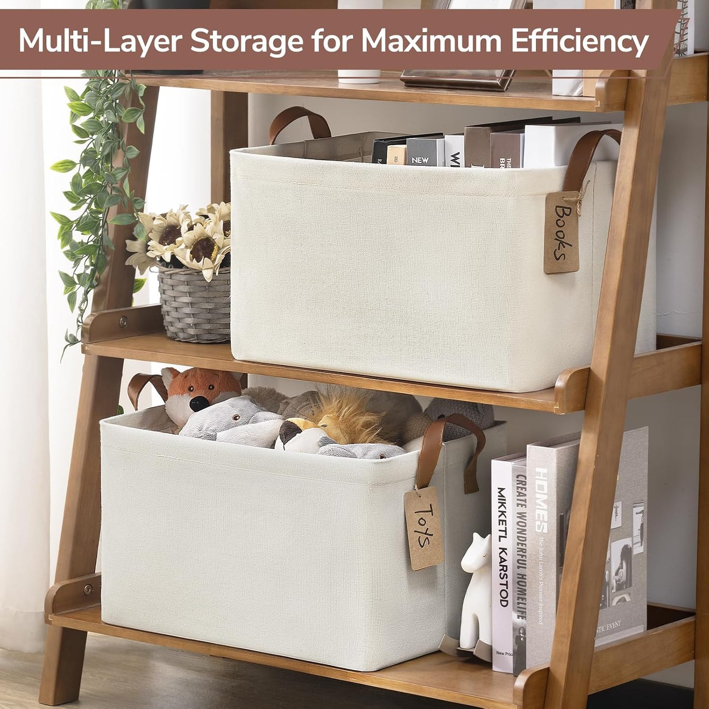 CHICVITA 4 Pack Large Fabric Storage Baskets for Shelves, 30L Beige
