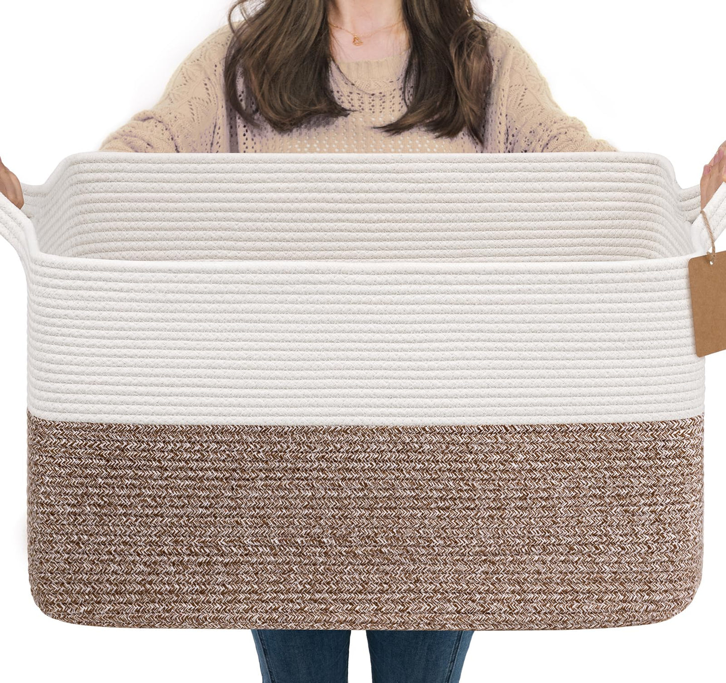 Goodpick Woven Rope Storage Basket for Shelves, Rectangle, Light Brown