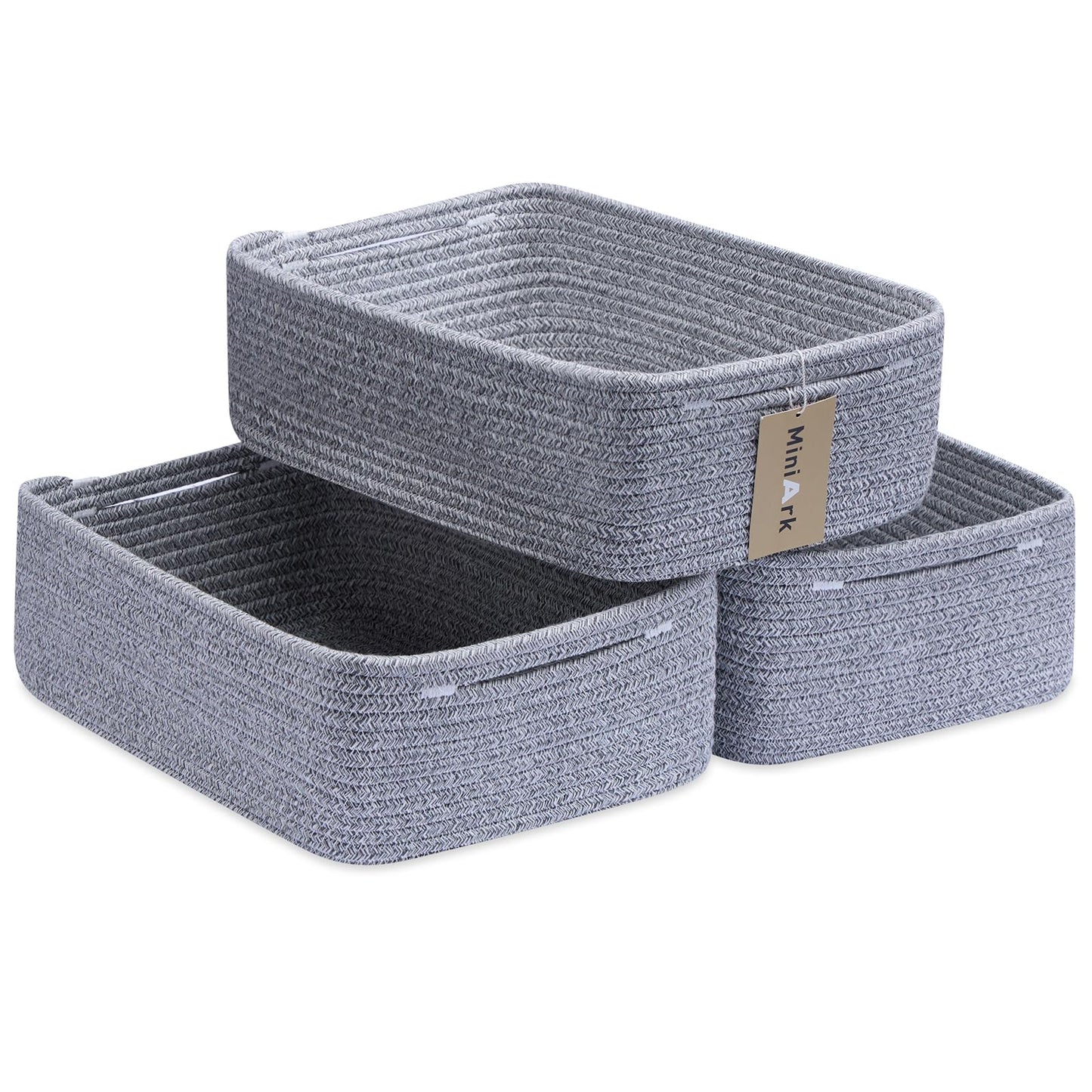 MiniArk Large Shallow Organizing Baskets 15x11x5.1 Inches - Rope Woven Storage Bins for Bathroom, Shelves, Cube Closet, Mixed Brown 2 Packs