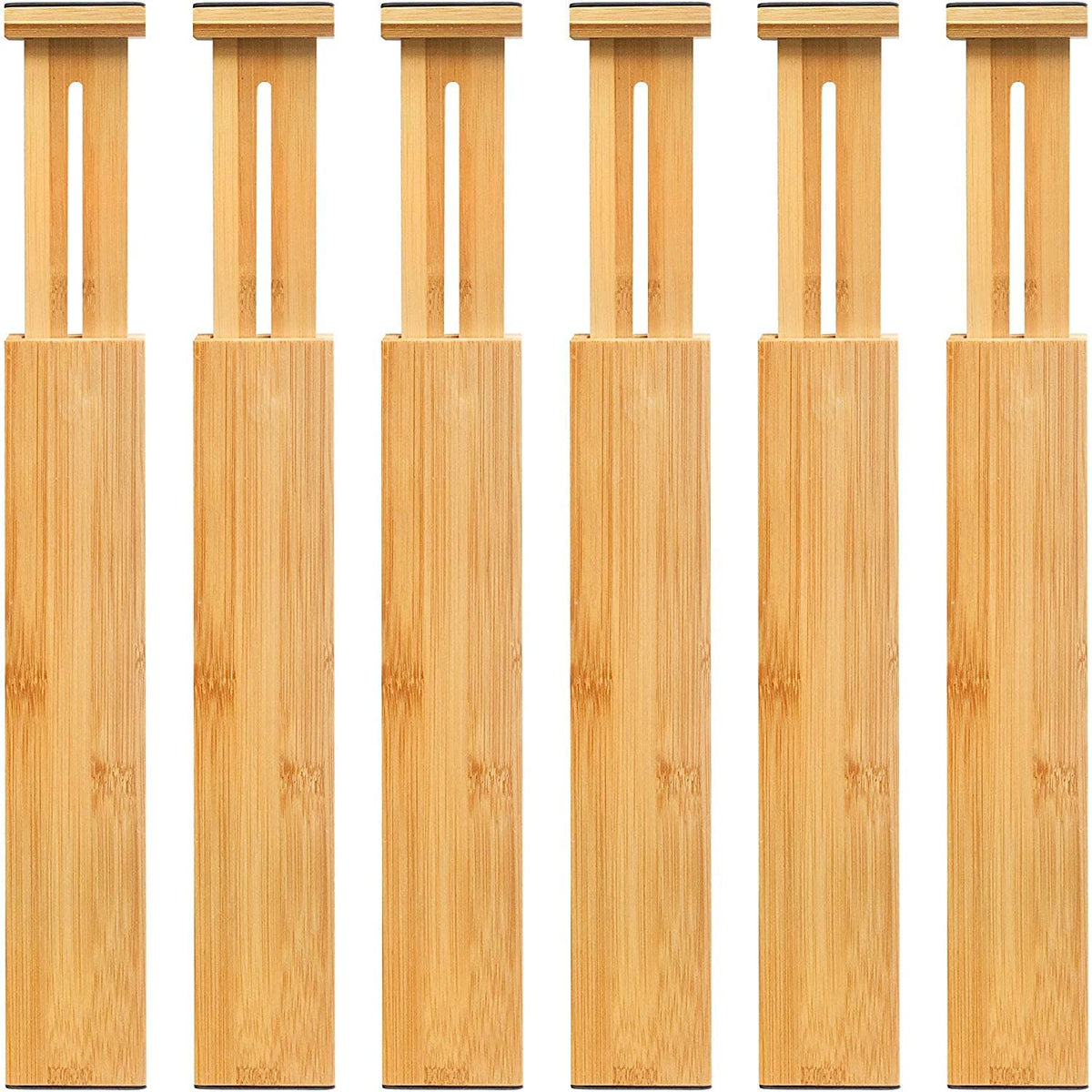 VaeFae 6-Pack Adjustable Bamboo Drawer Dividers, Expandable Drawer Organizer for Kitchen Utensils, Clothes, Bathroom, Office – Fits Drawer Interiors 16.6" to 21.8"