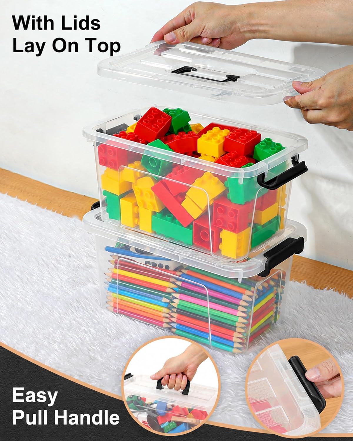 EOENVIVS Plastic Storage Bins with Lids 6 Pack Storage Organizer, 7 Quart Stackable Storage Boxes with Buckle Lids and Handle easy for Home Office Pantry Organization, Clear