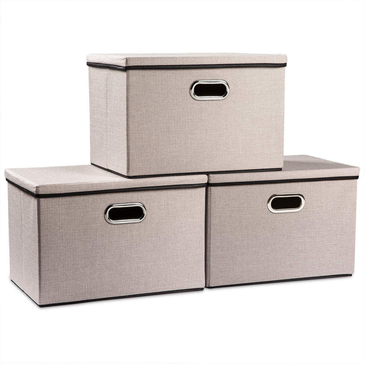 PRANDOM Large Collapsible Storage Bins with Lids [3-Pack] Linen/Cotton Blend Foldable Storage Boxes Organizer Containers Baskets Cube with Cover for Home Bedroom Closet Office Nursery(17.7x11.8x11.8)