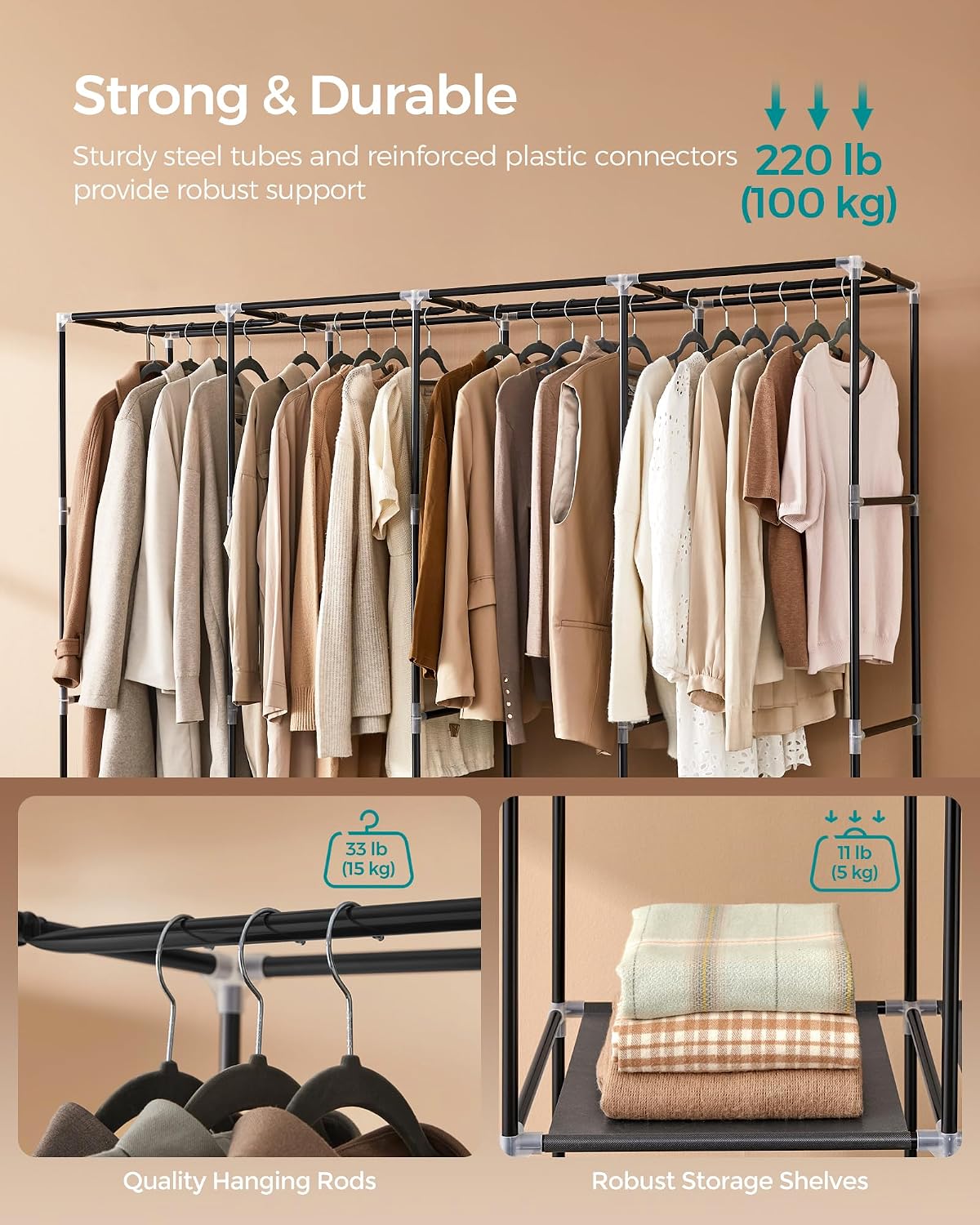 SONGMICS Portable Closet with Cover, 4 Hanging Rods and Shelves