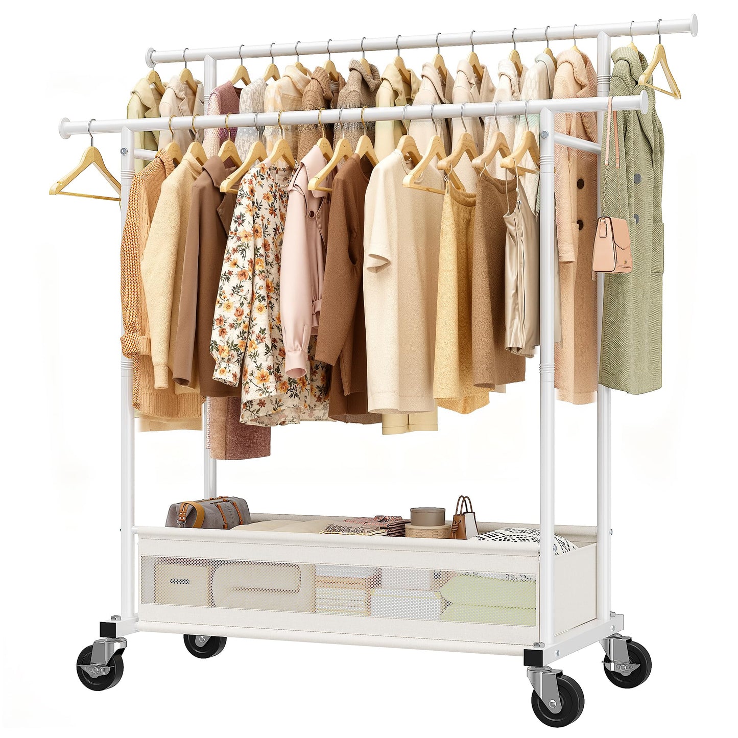 Clothes Rack 210 LBS Double Rods Extra Storage Basket