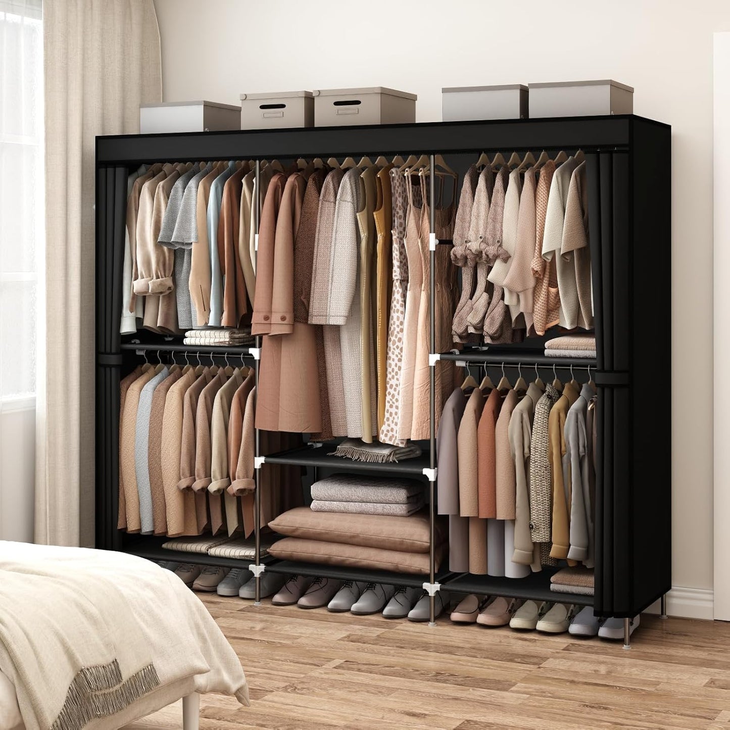 MOGELAFOO 83" Portable Wardrobe Closet for Bedroom, Freestanding Clothes Rack Organizer with Dust Cover, 5 Hanging Rods & 6 Storage Shelves, Black