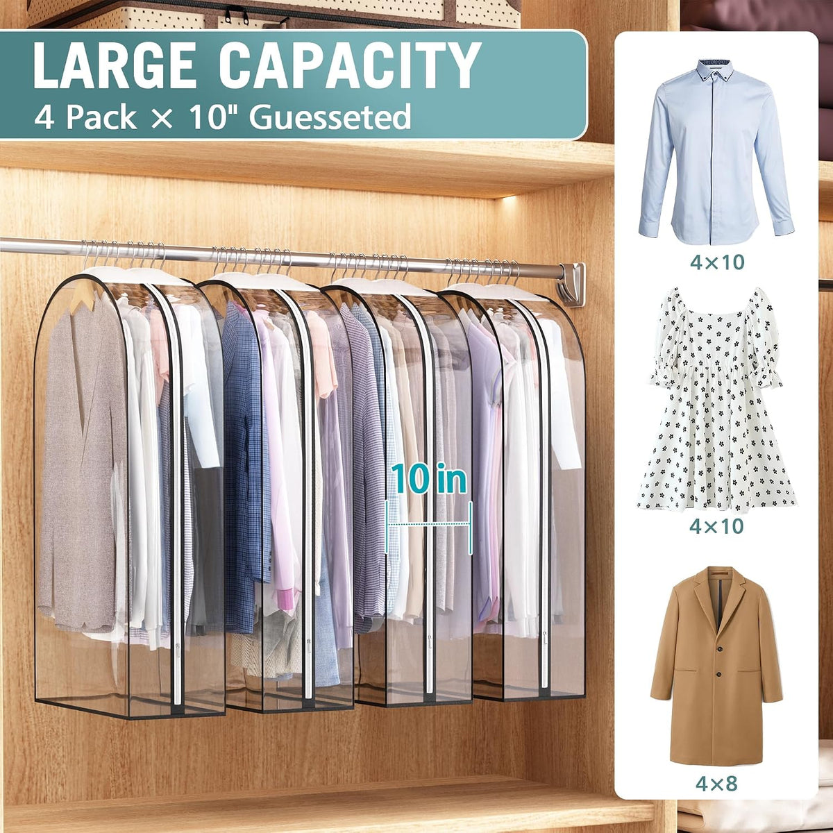 Liuoud Clear Garment Bags for Hanging Clothes 10” Gusseted, 4 Pack, 40”