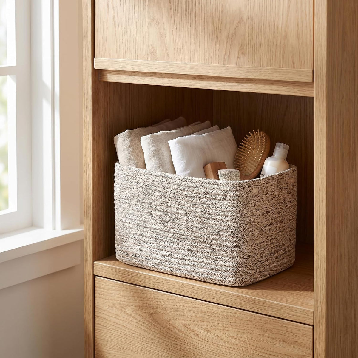 R RUNKA Small Cotton Rope Basket – Storage Bin for Organizing (10.6" x 6.7" x 6.7"), Bathroom Storage Basket for Shelf, Counter & Closet（Beige）