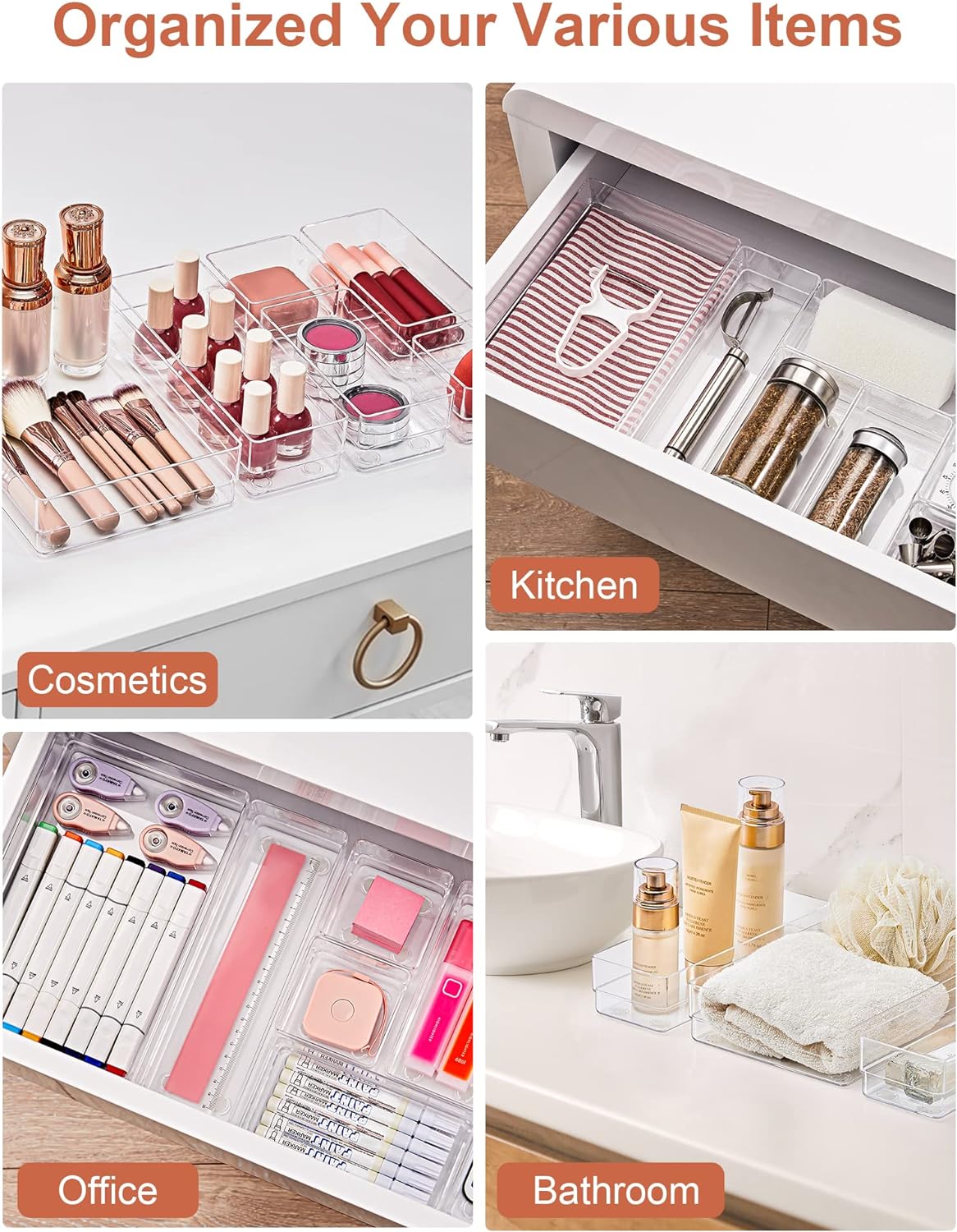 SMARTAKE 22 PCS Drawer Organizer, 4-Size Desk Bathroom Drawer Organizer