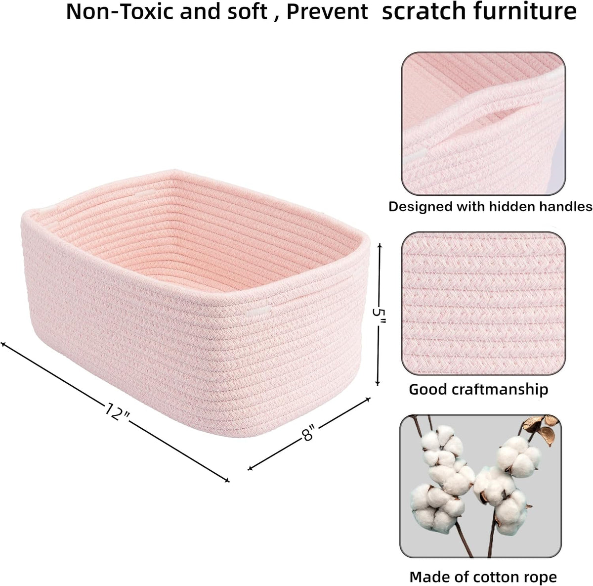 XUANGUO Small Woven Storage Baskets for Shelves, 12" x 8" x 5", Pink