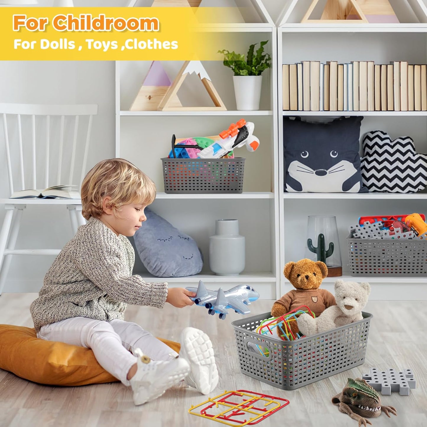 AREYZIN Plastic Storage Baskets -6 Pack, Storage Bins with Lid Organizing Container Lidded Knit Storage Organizer Bins for Shelves Drawers Desktop Closet Playroom Classroom Office,Gray