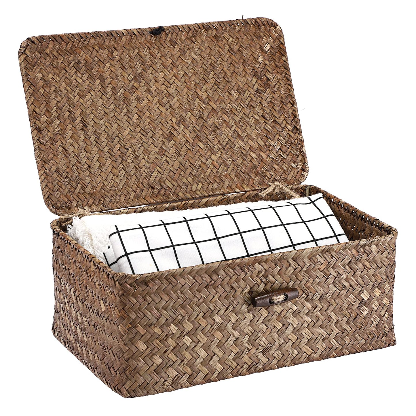 Hipiwe Wicker Shelf Baskets Bin with Lid Large Handwoven Basket Box, Coffee