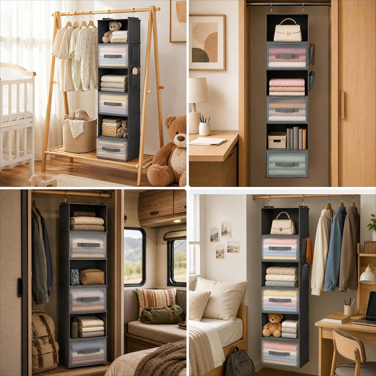 6-Shelf Hanging Closet Organizer with 3 Drawers & Side Pockets, Gray