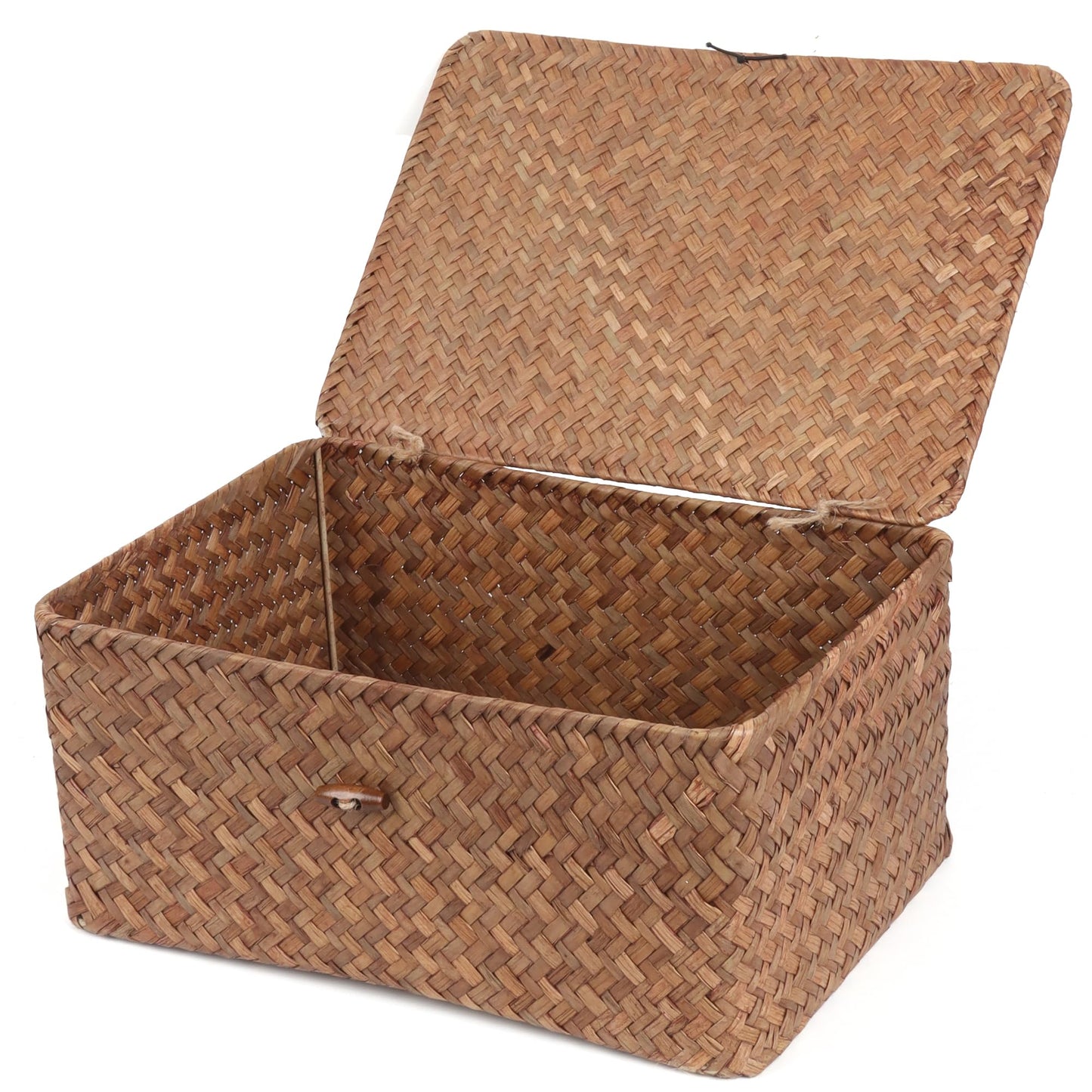 FEIALNDUO Wicker Shelf Baskets with Lid,Seagrass Storage Basket Bins Rectangular Handwoven Basket Boxes for Shelves Desktop Home Organizer (Coffee, X-Small)