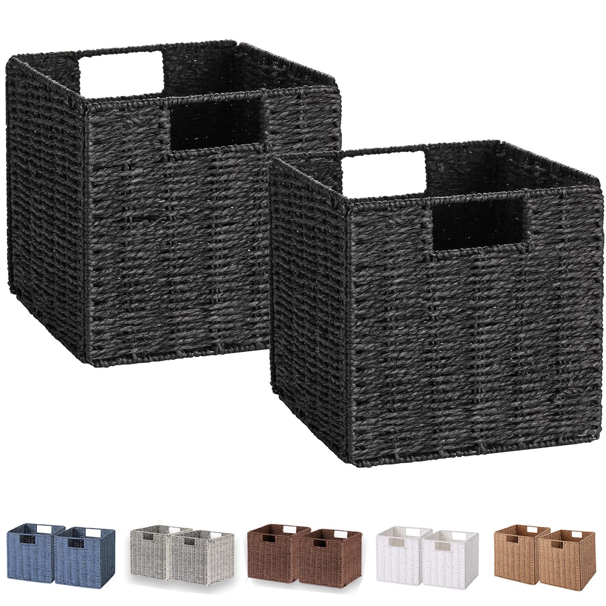 Vagusicc Wicker Storage Basket, Set of 2 Hand-Woven Storage Baskets for Shelves, Foldable Cube Storage Baskets Bins with Handles, 9 inch Small Wicker Baskets for Organizing Pantry Bedroom, Brown