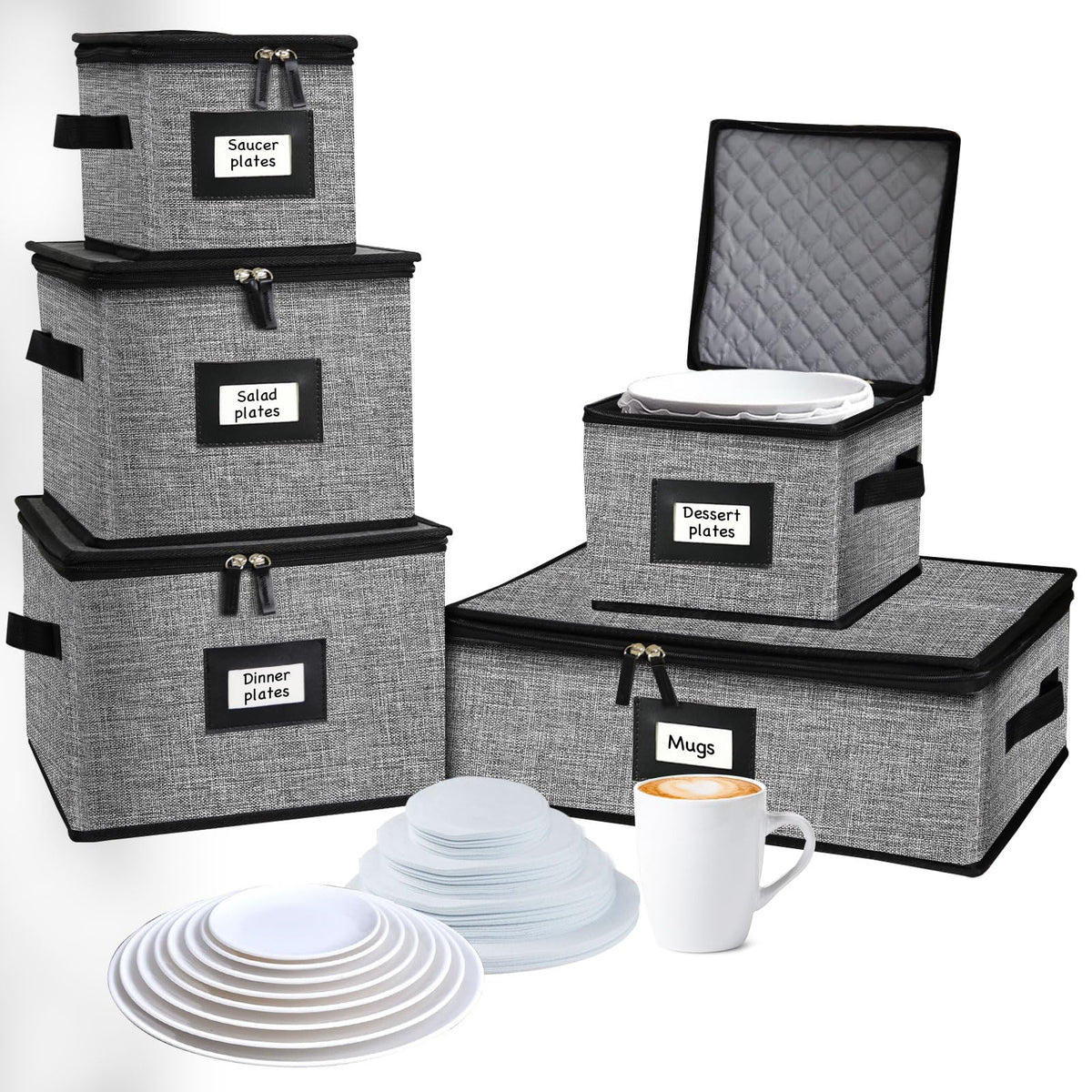 China Storage Containers-Quilted Dish Storage Containers with Lid Hard Shell for Moving Transport, Dinnerware Storage,Stackable Plate Storage,24 Felt Plate Dividers Included,2PACK 12*12*8in