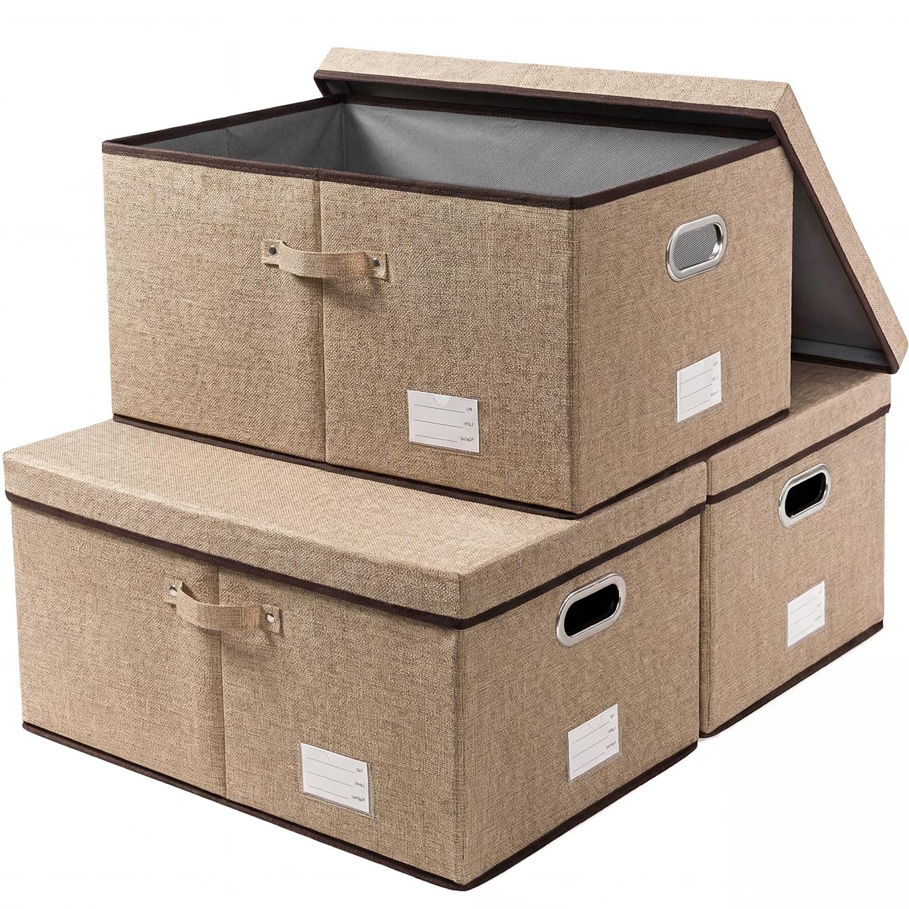 PRANDOM Large Collapsible Storage Bins with Lids [3-Pack] Jute Fabric Foldable Storage Boxes Organizer Containers Baskets Cube with Cover for Home Bedroom Closet Office Nursery (17.7x11.8x11.8)