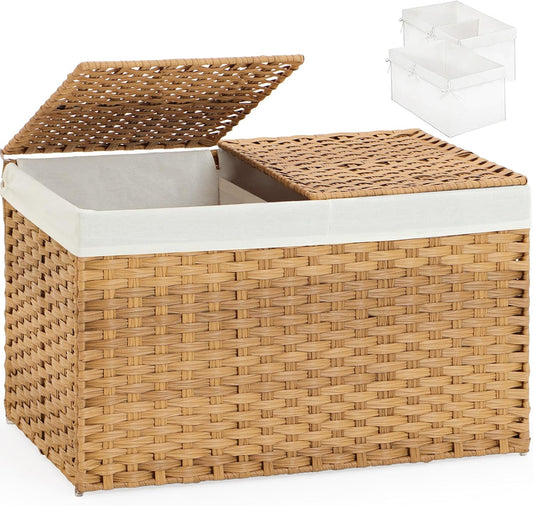 SETVSON Storage Basket with Lid, 2-Lid PE Rattan Storage Bin, Natural