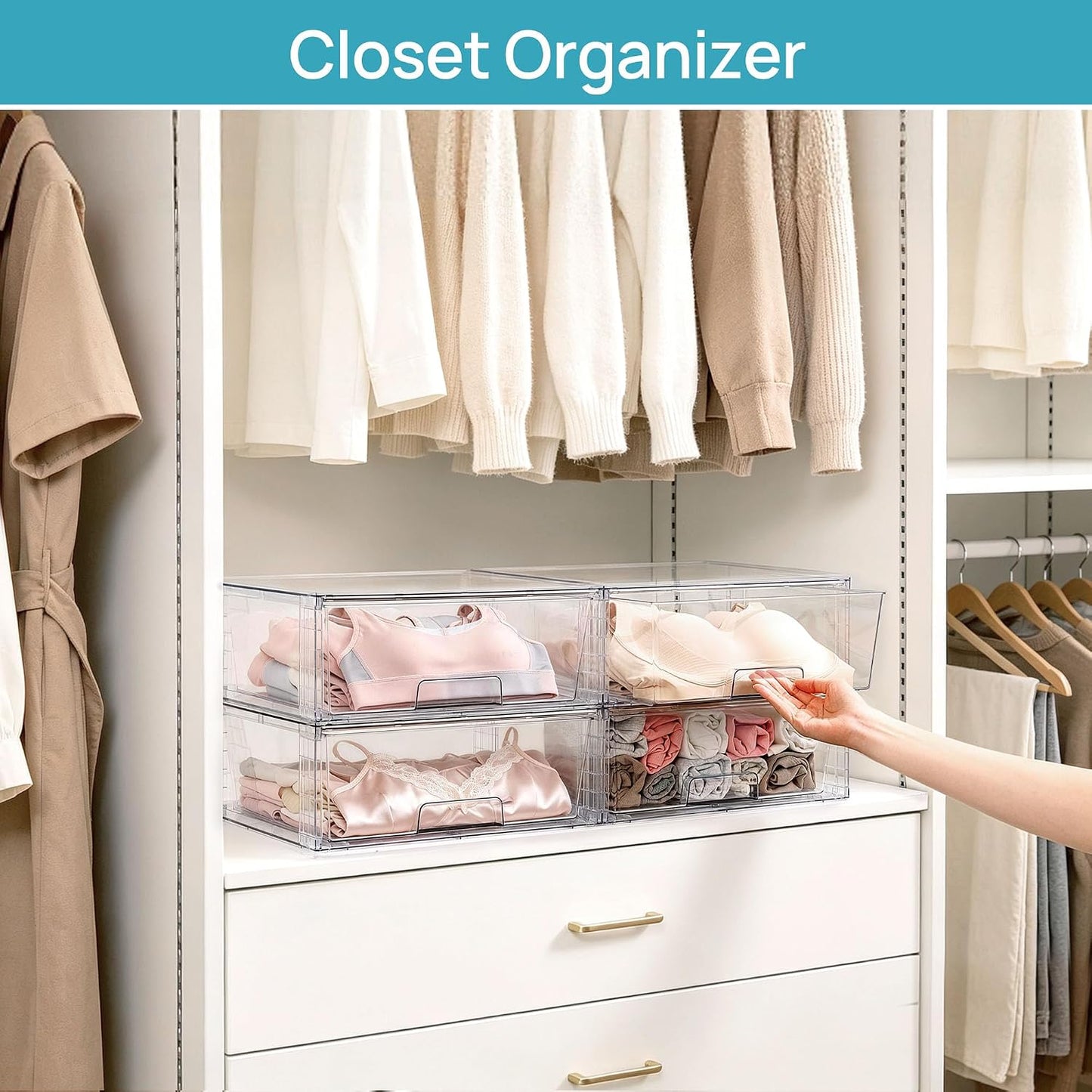 Vtopmart 2 Pack Large Clear Stackable Storage Drawers for Closet, Pantry