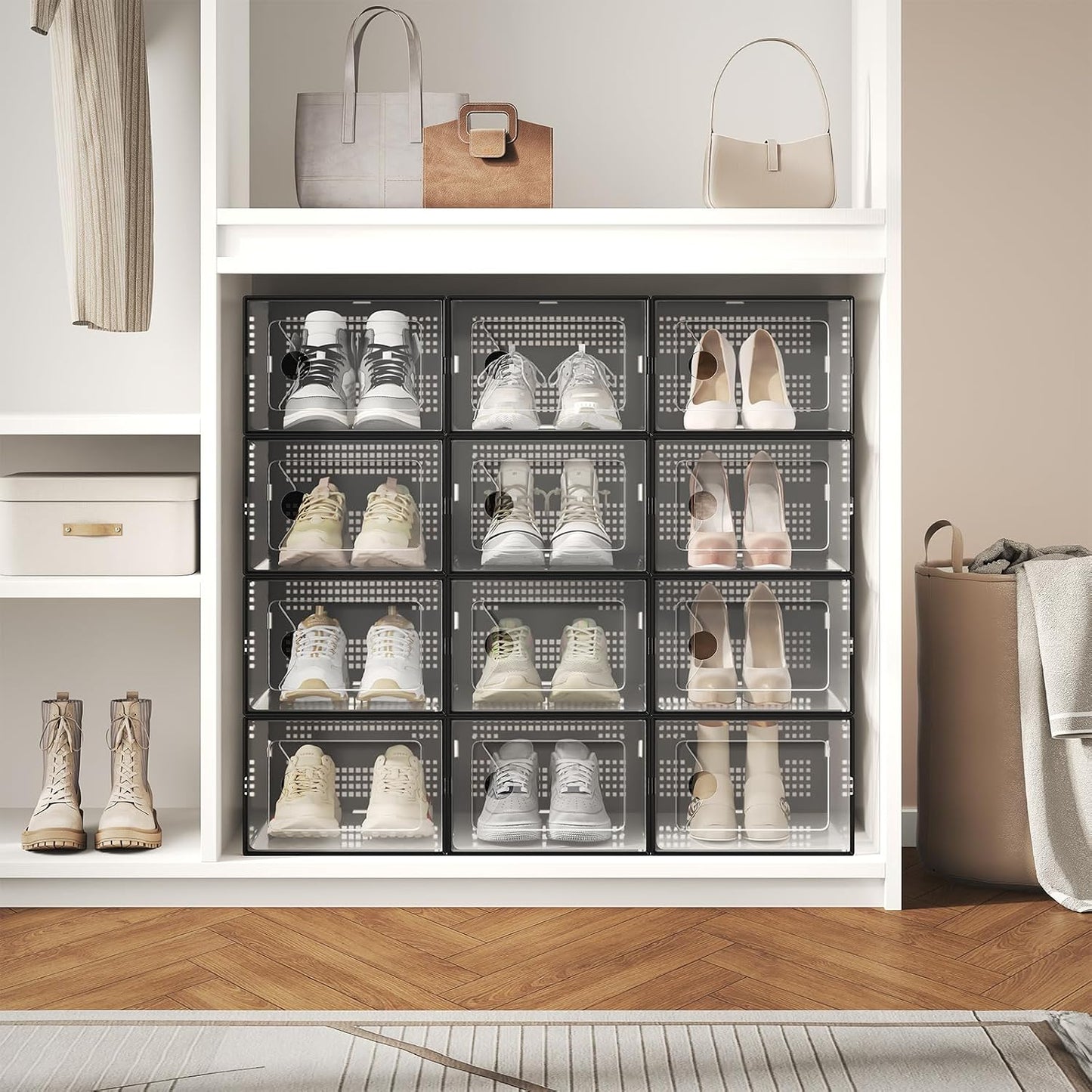 DUMOS Shoe Storage Boxes, 12-Pack Stackable Clear Shoe Containers with Lids, Display Sneaker Case Organizer for Closet, Under Bed, Entryway, Black, Fit Size 11