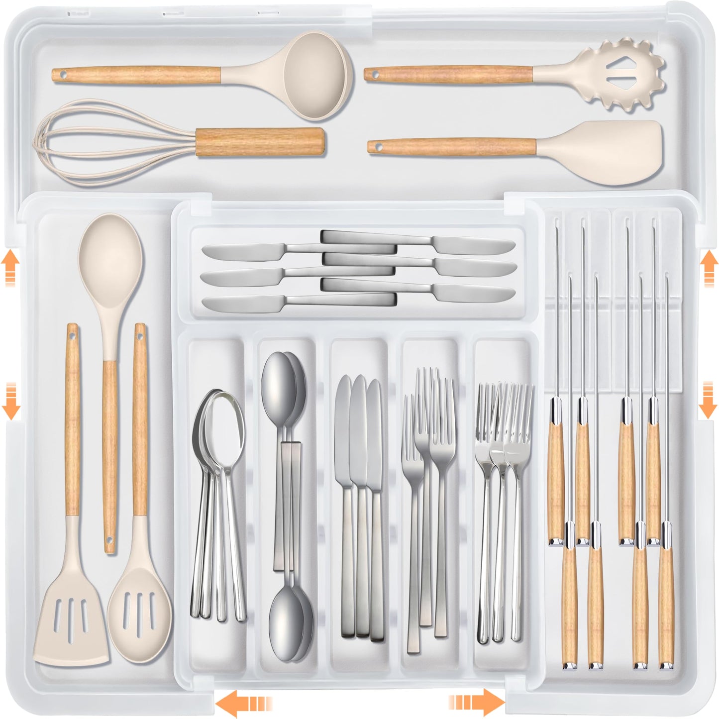 Homecor Silverware Organizer - Expandable Large Kitchen Drawer Organizer Utensil Organizer with 2 Removable Knife Blocks, 22"x 19"Cutlery Tray Drawer Dividers for Kitchen Flatware(6-9 Slots) (Black)