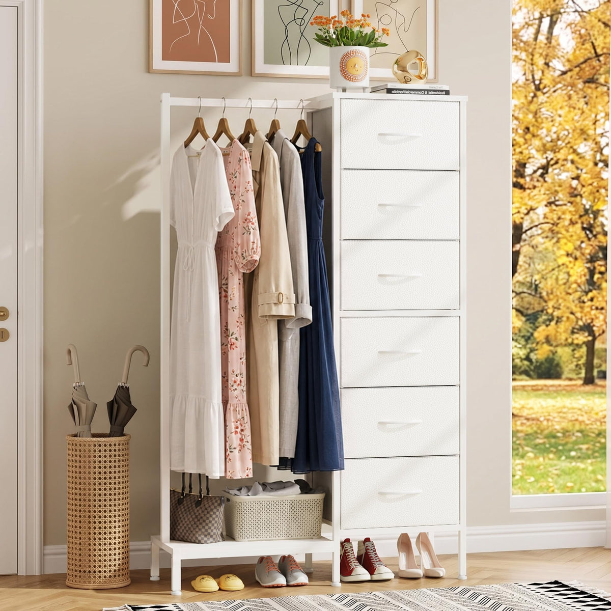 HIGDBFE Tall Dresser 44''H with Hanging Rack, 4 Drawers Small Closet Dresser for Bedroom, Reversible Fabric Chest of Drawers with Clothes Rack, Tall Storage Tower, Sturdy Frame, White