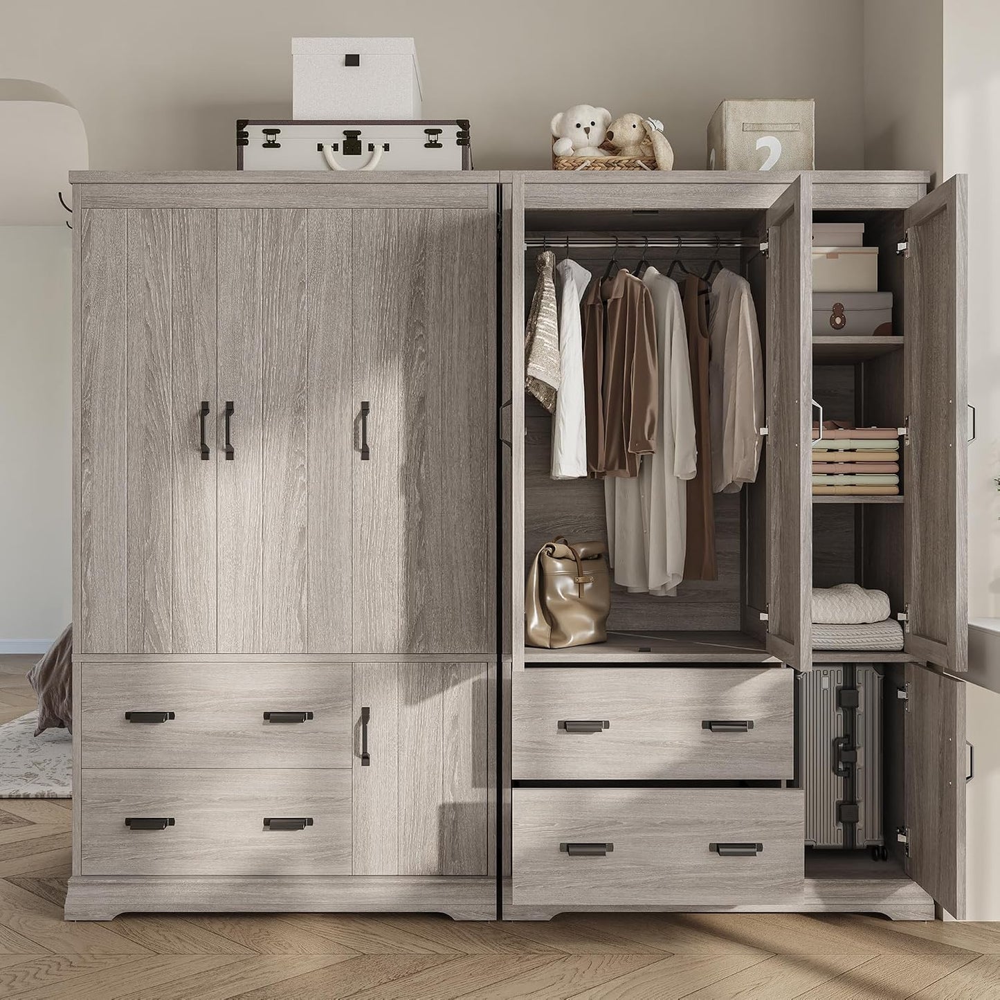 Bedroom Armoire with Drawers, 70" Freestanding Wardrobe Closet, Grey Oak