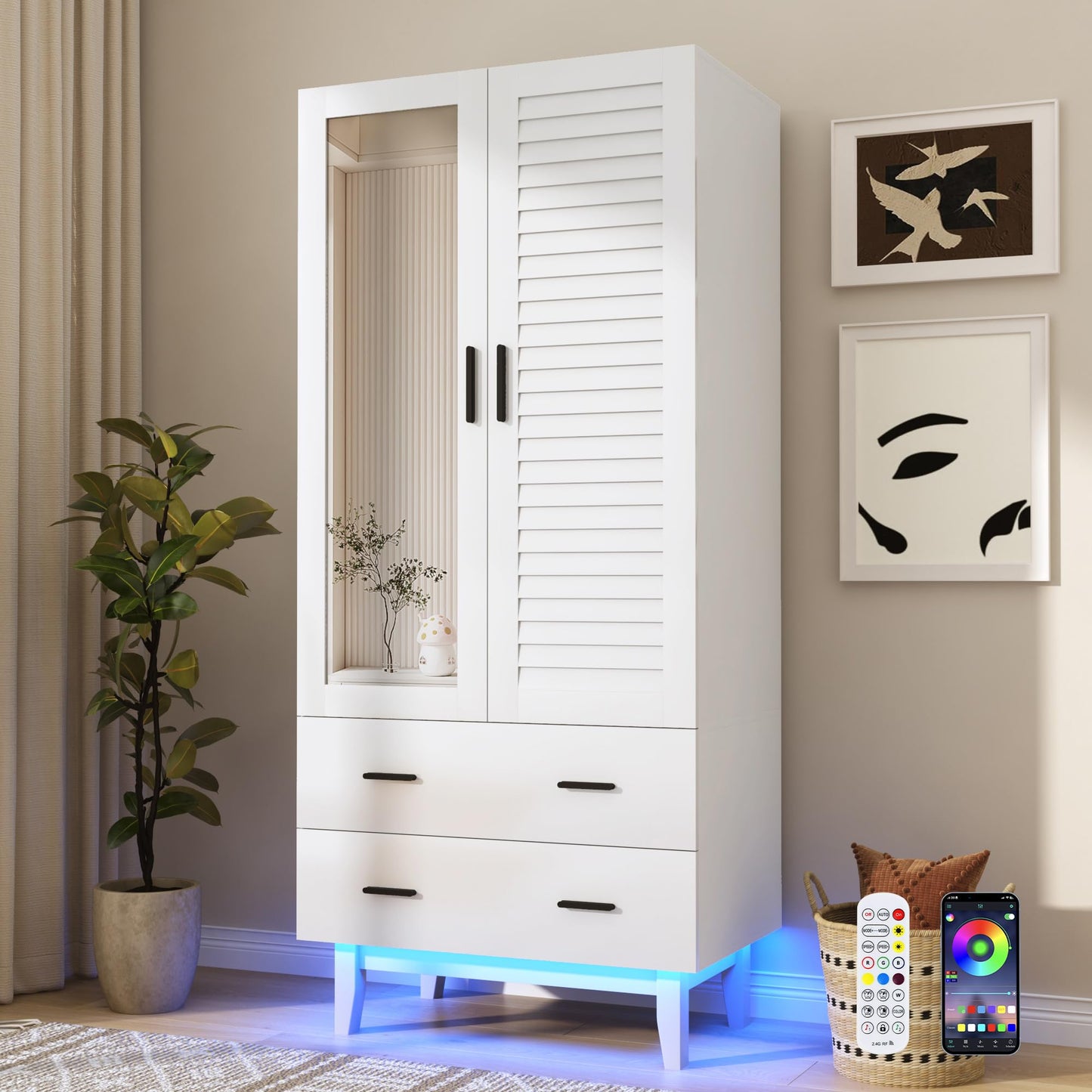 jiteentarou 4 Door Armoire Wardrobe Closet Cabinet with Drawers and LED Lights, Multi-Tier Shelves, Hanging Rod & 4 Louver Doors, Large Capacity Storage Wardrobe Armoire for Bedroom(4 Doors White)