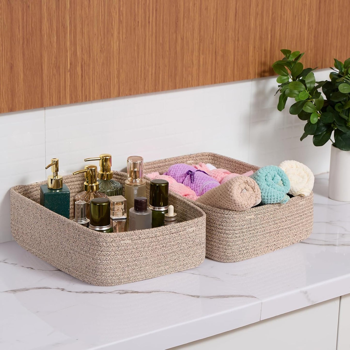 MiniArk Large Shallow Organizing Baskets 15x11x5.1 Inches - Rope Woven Storage Bins for Bathroom, Shelves, Cube Closet, Mixed Brown 2 Packs