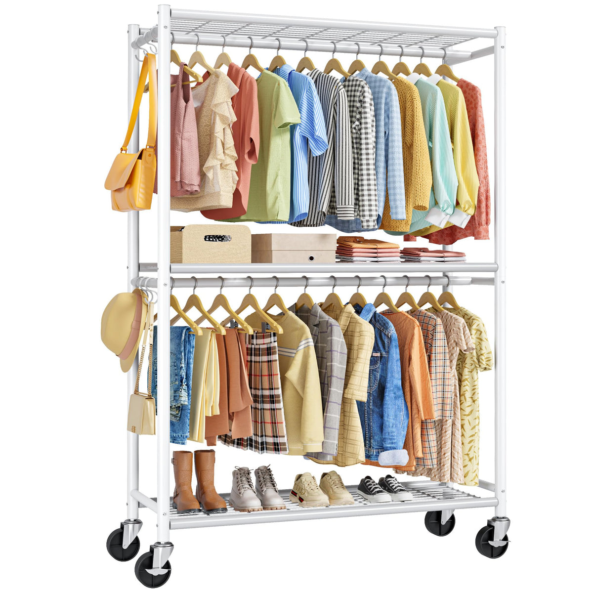 Sakugi Clothes Rack - 33.0" x 12.2" x 79.5" Clothing Rack with Shelves & Wheels, Multi-Functional Wardrobe Closet with Hooks, Sturdy Metal Garment Rack for Bedroom, Laundry, Balcony (Black)