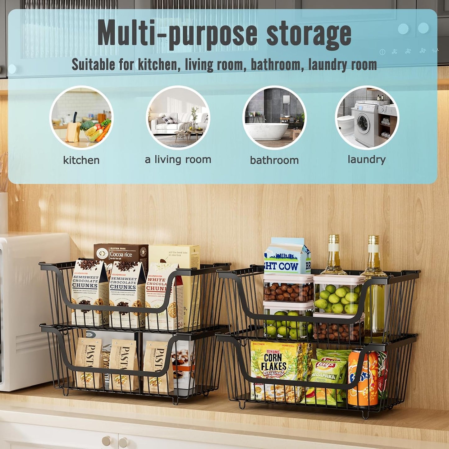 4 Pcs Stackable Wire Baskets Pantry Organizers and Storage Bins,Black