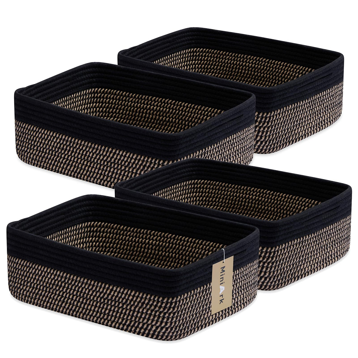 MiniArk Large Shallow Organizing Baskets 15x11x5.1 Inches - Rope Woven Storage Bins for Bathroom, Shelves, Cube Closet, Mixed Brown 2 Packs