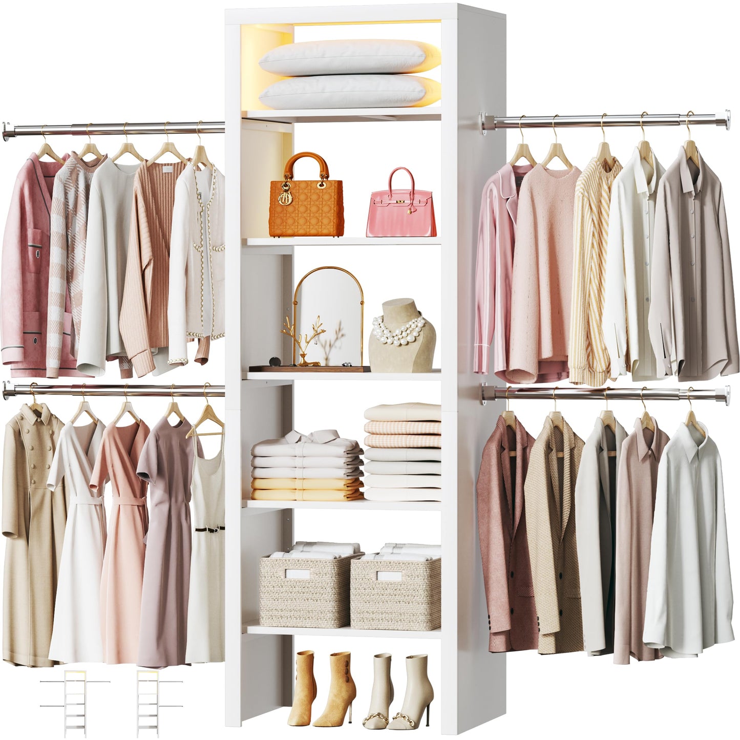 Closet System, 4-8FT Closet Organizer with 3 Wood Drawers & Glass Top, 102'' Walk in Closet with 5 Hang Rods & LED Lights & Trouser Rack, Built-in Wardrobe Clothes Rack with Shelves and Tower, White