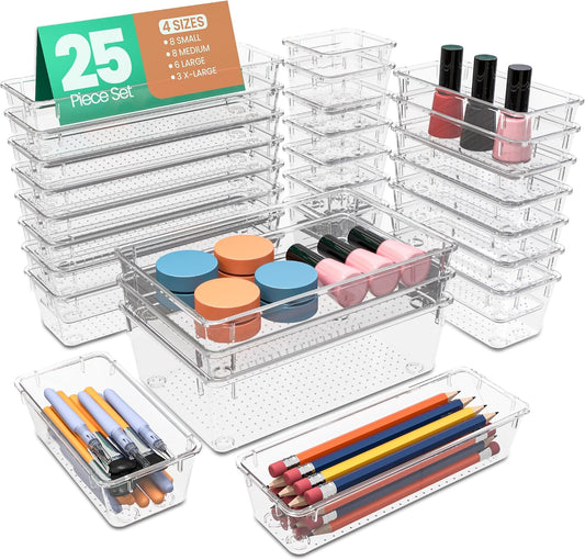 KICHLY 25-Piece Clear Drawer Organizer Set – Multi-Size Storage Trays