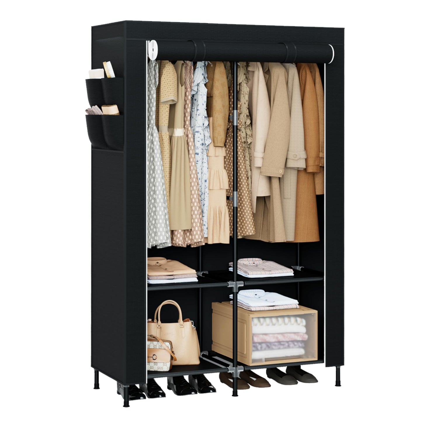 CASAMAYA Portable Closet, 66.9 Inch Large Capacity Wardrobe Closet with Cover, Clothes Storage Organizer with Shelves and 4 Hanging Rods, Easy to Assembly, Black PCT204B01