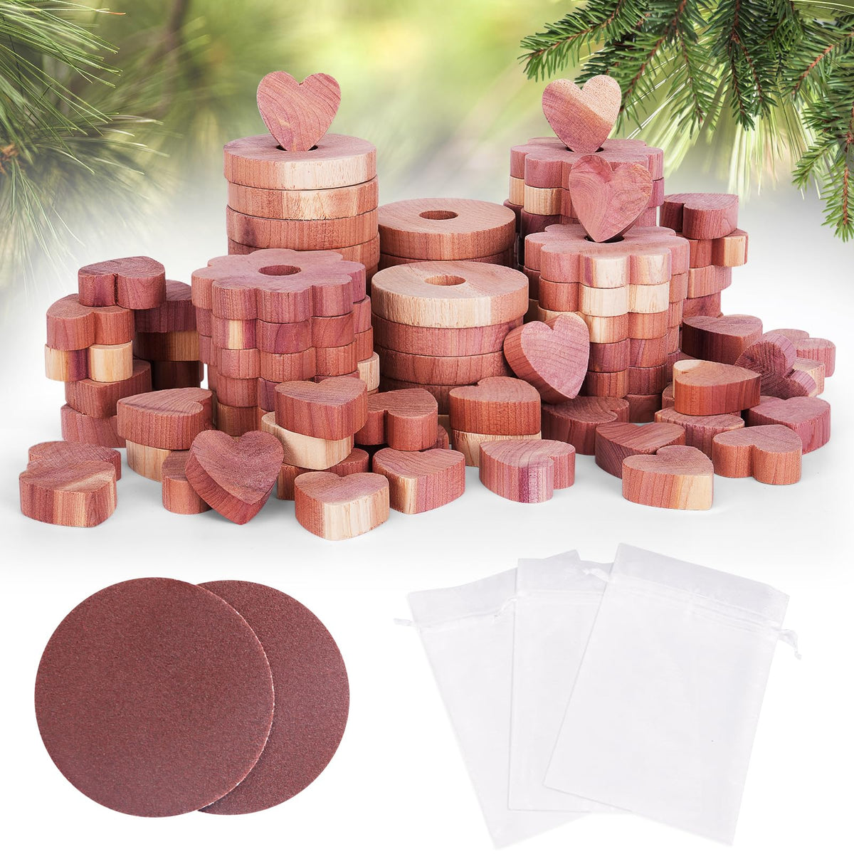 Woodever Cedar Blocks for Clothes Storage 56 Pcs, 100% Aromatic Planks with Metal Hooks, Cedar Wood Chips and Balls for Closets and Drawers, Fresh Scented Sachets