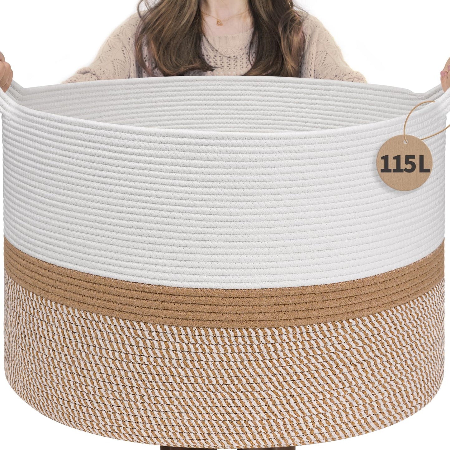INDRESSME XXXLarge Woven Rope Blanket Basket Living Room Brown, 90L