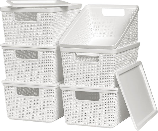 6 Pack Plastic Storage Baskets with Lid,White Stackable Bins