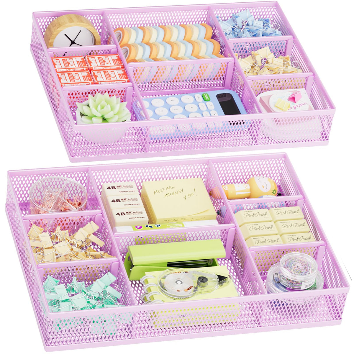 Marbrasse 2 Pack Desk Drawer Organizer, Mesh Drawer Organizer Tray with 8 Adjustable Compartments, Desk Organizers and Accessories, 5 Dividers Drawer for Office Supplies, Makeup & Vanity (Black)