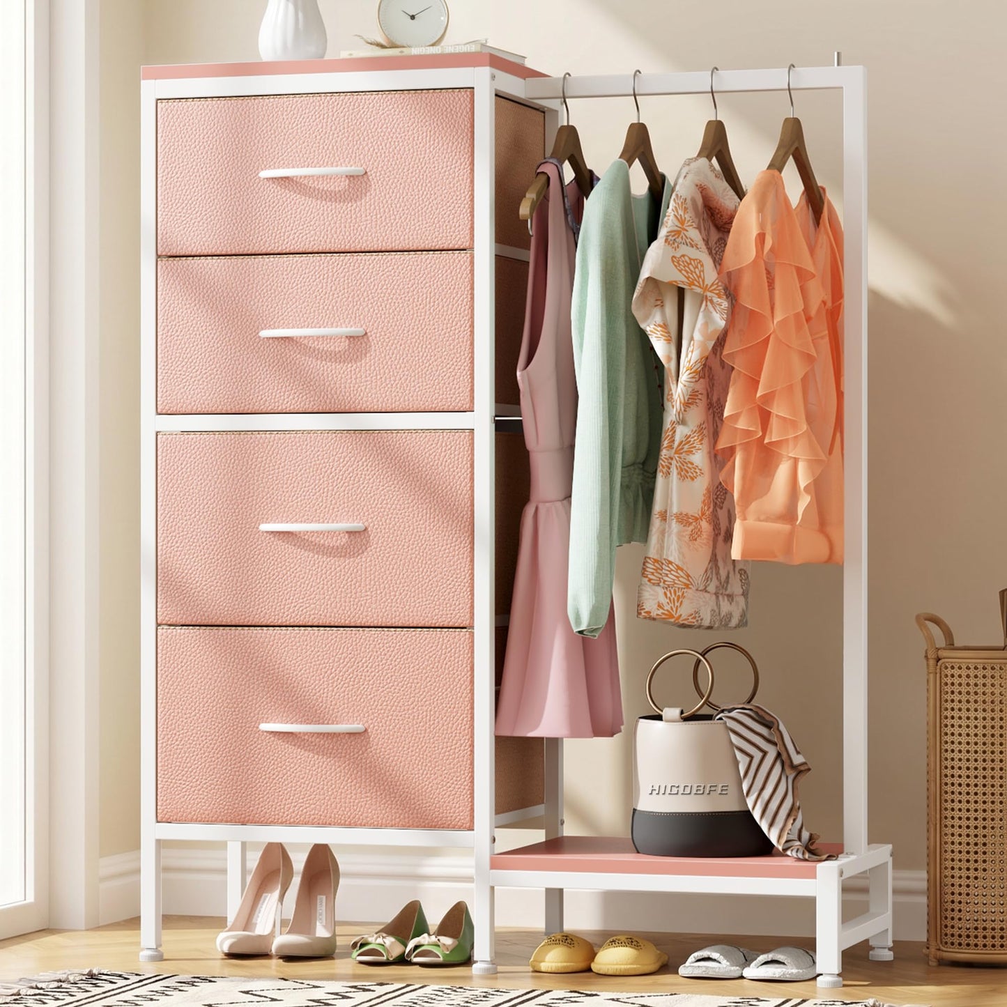 HIGDBFE Tall Dresser 44''H with Hanging Rack, 4 Drawers Small Closet Dresser for Bedroom, Reversible Fabric Chest of Drawers with Clothes Rack, Tall Storage Tower, Sturdy Frame, White