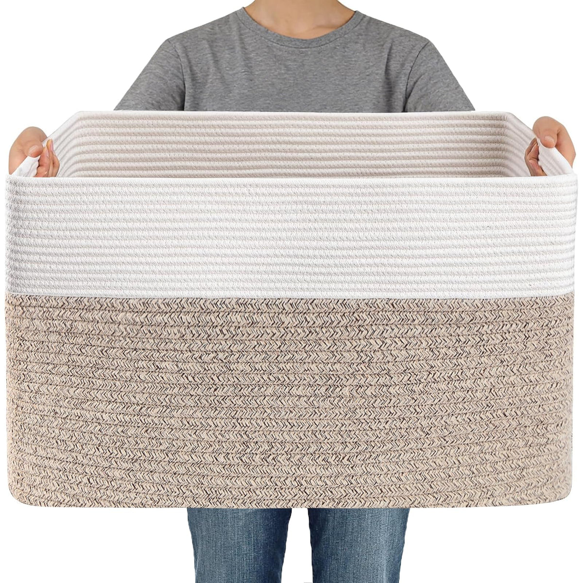 JMvicyroam 65L Large Woven Cotton Rope Blanket Basket, Oatmeal
