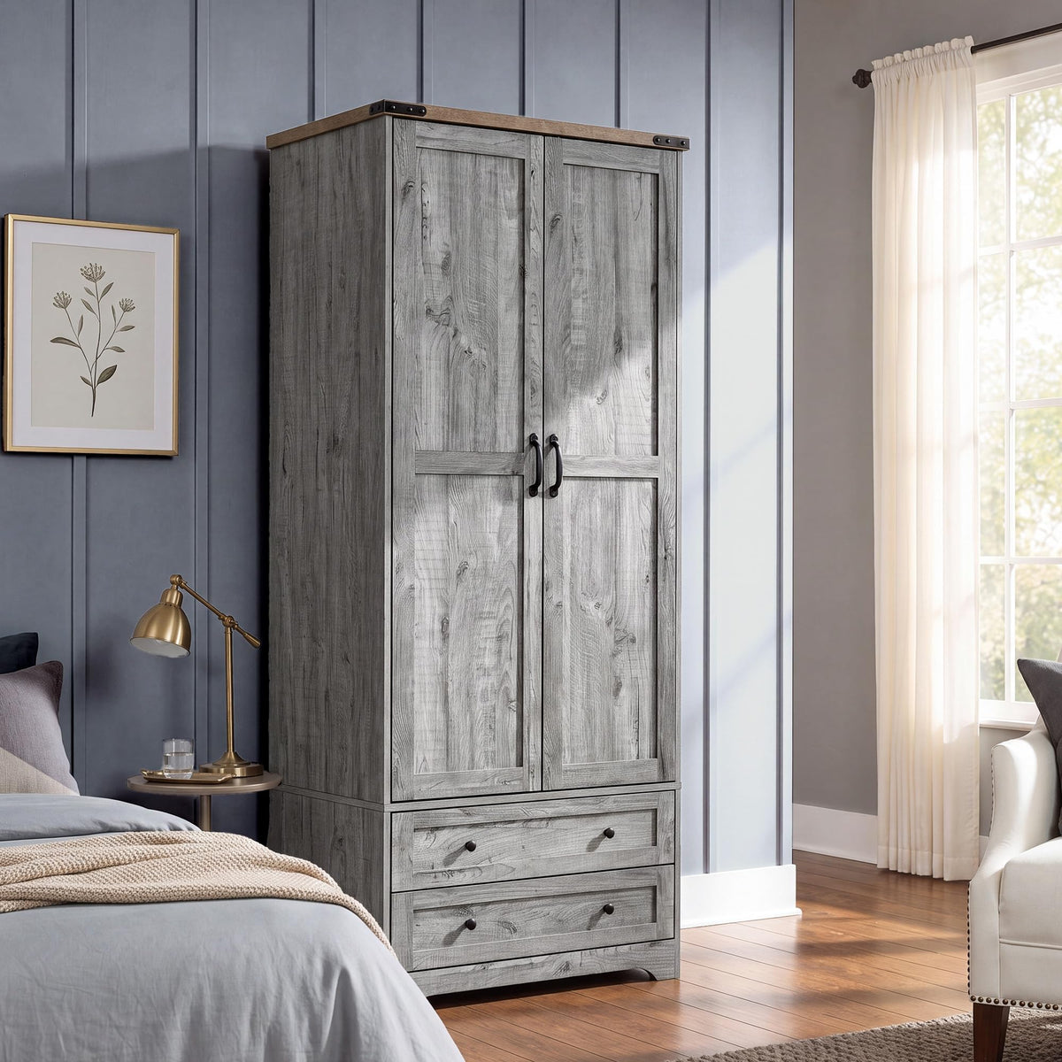 Yechen 71" Wooden Armoire Wardrobe Closet with 2 Doors & 2 Drawers, Natural