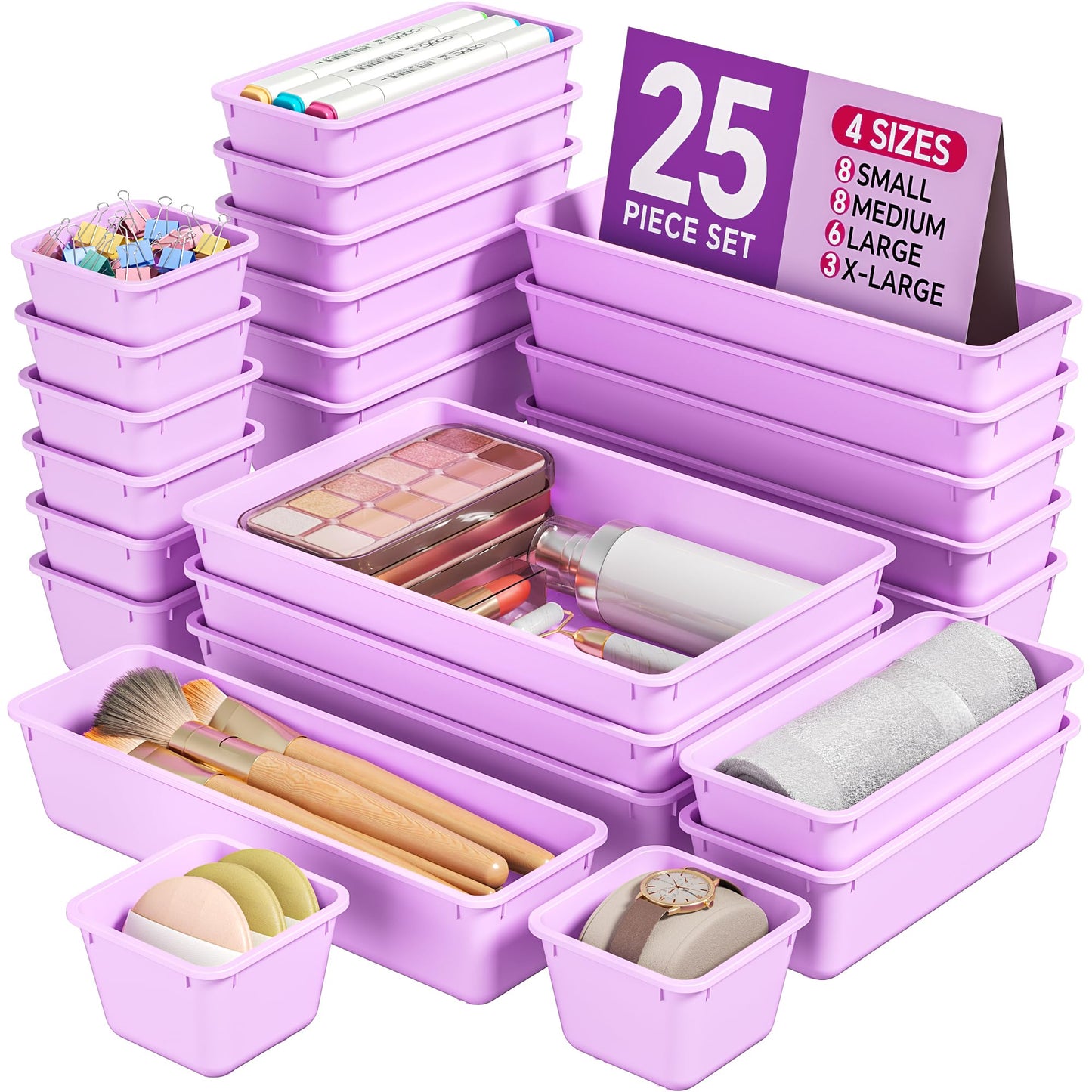 KEMETHY 25 PCS Plastic Drawer Organizers Set, 4 Sizes Vanity Organizer