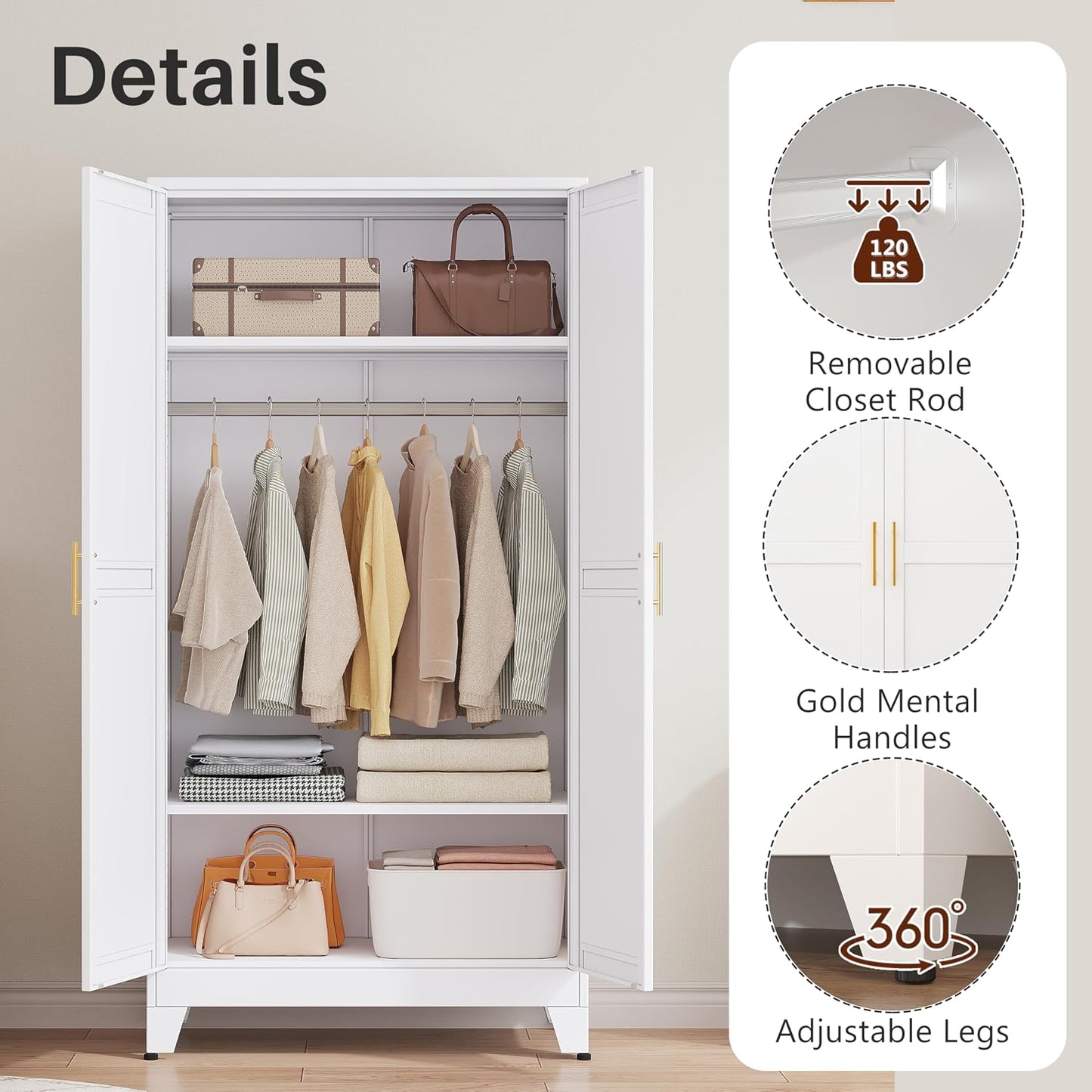 Metal Armoire Wardrobe Closet, 71" Clothing Storage Cabinet with Mirror