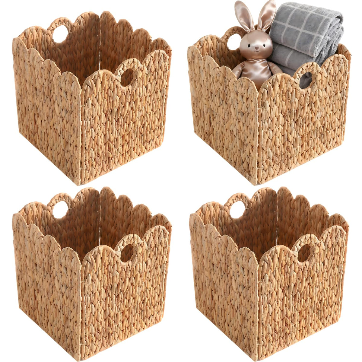 Scalloped Wicker Storage Cubes Basket, 12”x12“ Heavy Duty Paper rope/Hyacinth/Seagrass Baskets for Shelves, Foldable Natural Boho Square Bins (Water Hyacinth&10.5 x 10.5 x 10.5in&4-Pack)