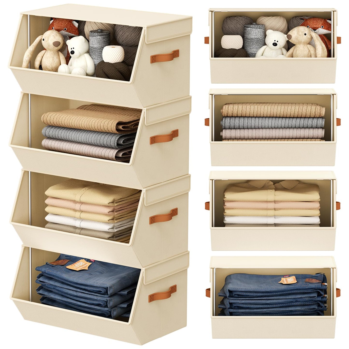 Stackable Closet Organizers and Storage Bins, Open Front Closet Shelf Organizer System With Steel Frame, Clothes Storage Basket Fabric, Collapsible Closet Drawers for Wardrobe, Nursery ,Toy, 4 Pack